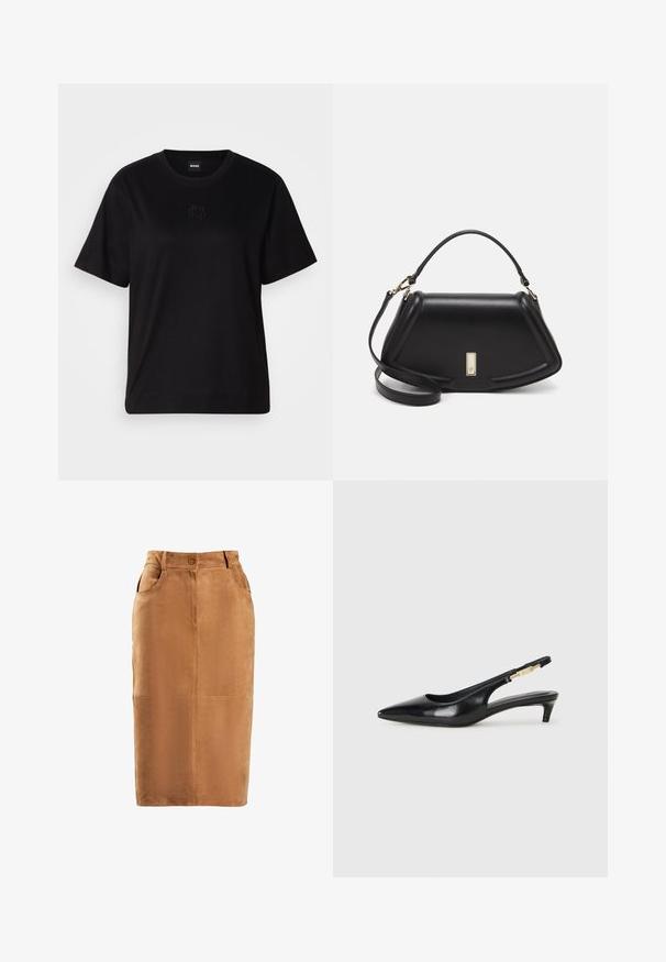 Zwarte katoenen t-shirt met een ronde hals, korte mouwen en een geborduurd logo op de borst. Eenvoudige, comfortabele pasvorm zonder patronen.; Bruine suede kokerrok met een hoge taille, knopen aan de voorkant, twee zijzakken en verticale naden. Gladde textuur.; Zwarte leren slingback hakken met een spitse neus, voorzien van een slanke hak en een goudkleurige accent op de verstelbare band. Gladde textuur.; Zwarte leren handtas met een gestructureerd ontwerp, featuring een verkorte vorm, bovenhandvat en gouden hardwareaccent. Inclusief verstelbare schouderband.