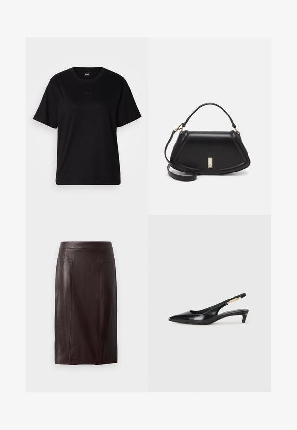 T-shirt en coton noir avec un col rond, des manches courtes et un logo brodé sur la poitrine. Coupe simple et décontractée sans motifs.; Jupe crayon en cuir marron avec une texture lisse, dotée d'une taille haute, de deux poches avant et d'une coupe au niveau du genou.; Talons hauts en cuir noir avec un bout pointu, dotés d'un talon fin et d'un accent en ton or sur la lanière réglable. Texture lisse.; Sac à main en cuir noir avec un design structuré, featuring une forme cropped, une poignée supérieure et des accents en matériel doré. Bandoulière réglable incluse.