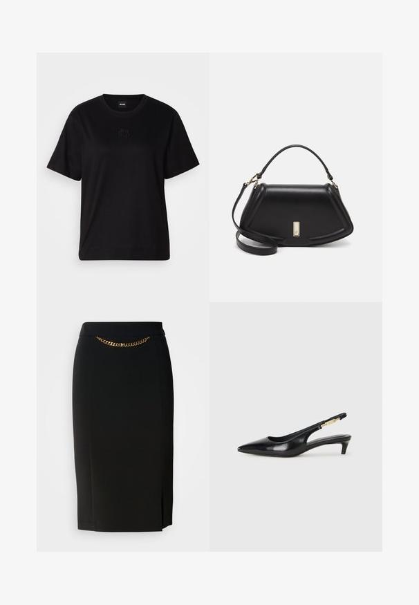 Černé bavlněné tričko s kulatým výstřihem, krátkými rukávy a vyšitým logem na hrudi. Jednoduchý, volný střih bez vzorů.; Černá tužková sukně s mírným rozparkem, zdobená zlatým řetízkem v pase. Vyrobena z hladkého, elastického materiálu pro pohodlí.; Černé kožené boty na podpatku s otevřenou patou a špičatou špičkou, s tenkým podpatkem a zlatým akcentem na nastavitelném pásku. Hladký povrch.; Černá kožená kabelka se strukturovaným designem, jejíž tvar je zkrácený, má horní rukojeť a zlaté kovové detaily. Součástí je i nastavitelný ramenní popruh.