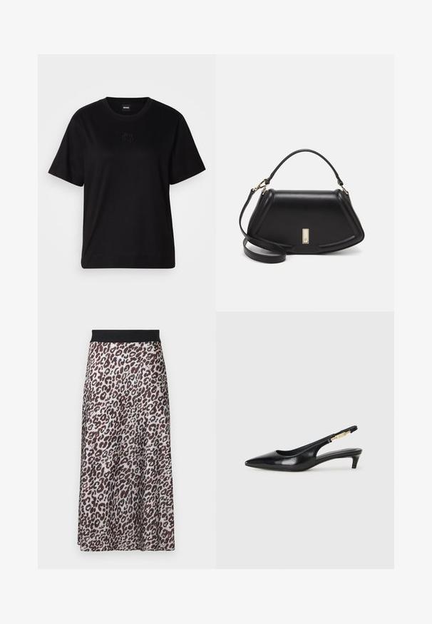 Black cotton t-shirt with a crew neckline, short sleeves, and an embroidered logo on the chest. Simple, relaxed fit with no patterns.; Leopard print midi skirt with black elastic waistband featuring subtle embossed brand name.; Black leather slingback heels with a pointed toe, featuring a slim heel and a gold-tone accent on the adjustable strap. Smooth texture.; Black leather handbag with a structured design, featuring a cropped shape, top handle, and gold hardware accent. Adjustable shoulder strap included.