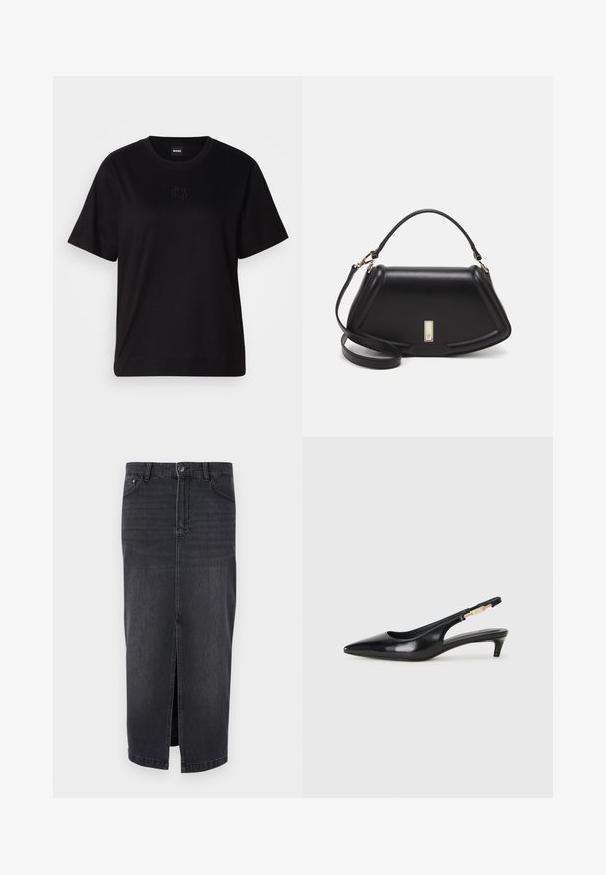 Maglietta in cotone nera con scollatura tonda, maniche corte e logo ricamato sul petto. Design semplice e vestibilità rilassata senza motivi.; DAY Birger et Mikkelsen NIKI - Gonna di jeans - black; Tacchi slingback in pelle nera con punta affusolata, caratterizzati da un tacco alto e un accento dorato sulla cinghia regolabile. Texture liscia.; Borsa a mano in pelle nera con un design strutturato, caratterizzata da una forma corta, manico superiore e accessori in metallo dorato. Inclusa tracolla regolabile.
