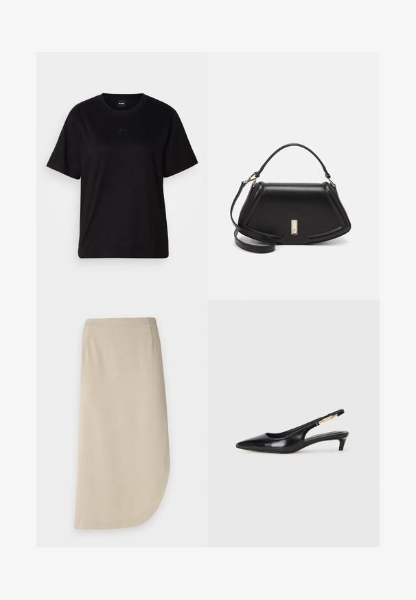Svart bomull T-skjorte med rund hals, korte ermer og et brodert logo på brystet. Enkel, avslappet passform uten mønstre.; Beige knelengde skjørt med en myk tekstur, med en buet kant og sidelommer. Minimalistisk design uten synlige lukkinger.; Sorte lærreim hæler med spiss tå, som har en slank hæl og en gullfarget detalj på den justerbare stroppen. Glatt tekstur.; Sort lærveske med en strukturert design, som har en avkortet form, topphåndtak og detaljer i gull. Justerbar skulderstropp inkludert.