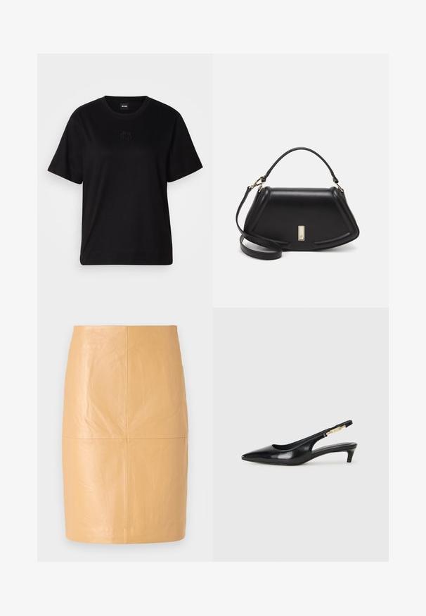 T-shirt en coton noir avec un col rond, des manches courtes et un logo brodé sur la poitrine. Coupe simple et décontractée sans motifs.; 2nd Day JAYAN - Jupe en cuir - camel; Talons hauts en cuir noir avec un bout pointu, dotés d'un talon fin et d'un accent en ton or sur la lanière réglable. Texture lisse.; Sac à main en cuir noir avec un design structuré, featuring une forme cropped, une poignée supérieure et des accents en matériel doré. Bandoulière réglable incluse.