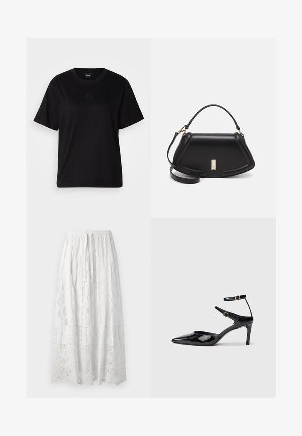 Schwarzes Baumwoll-T-Shirt mit Rundhalsausschnitt, kurzen Ärmeln und aufgesticktem Logo auf der Brust. Einfacher, lässiger Schnitt ohne Muster.; Weiße Spitzen-Midi-Rock mit einem elastischen Bund, der komplizierte geometrische Muster und ein schichten Design aufweist. Leichte und luftige Textur.; Schwarze Lacklederabsätze mit spitzer Zehenpartie, verstellbaren Knöchelriemen und einem schlanken Absatz. Glatte Textur mit glänzender Oberfläche.; Schwarze Lederhandtasche mit einem strukturierten Design, das eine verkürzte Form, einen oberen Griff und goldfarbene Hardware-Details aufweist. Verstellbarer Schulterriemen ist enthalten.