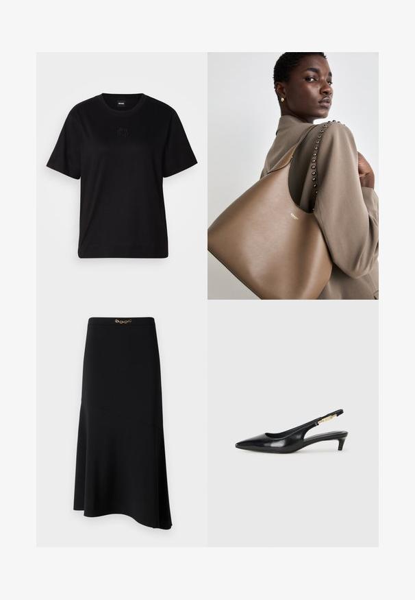 Juodas medvilninis marškinėliai su apvalia iškirpte, trumpomis rankovėmis ir siuvinėjimu ant krūtinės. Paprastas, laisvas siluetas be raštų.; Juoda midi sijonas su A formos siluetu, pagamintas iš lygios medžiagos, su dekoratyvine auksine grandinėle juosmenyje.; Juodas odinis pavasario batelių modelis su smailiu nosiu, turintis siaurą kulniuką ir auksinės spalvos akcentu reguliuojamoje juostoje. Lygi tekstūra.; Ruda odinė rankinė su lygiu paviršiumi, turinti išlenktą siluetą ir metalinę logotipą. Dirželis turi dekoratyvines kaltinimo detales išilgai siūlės.