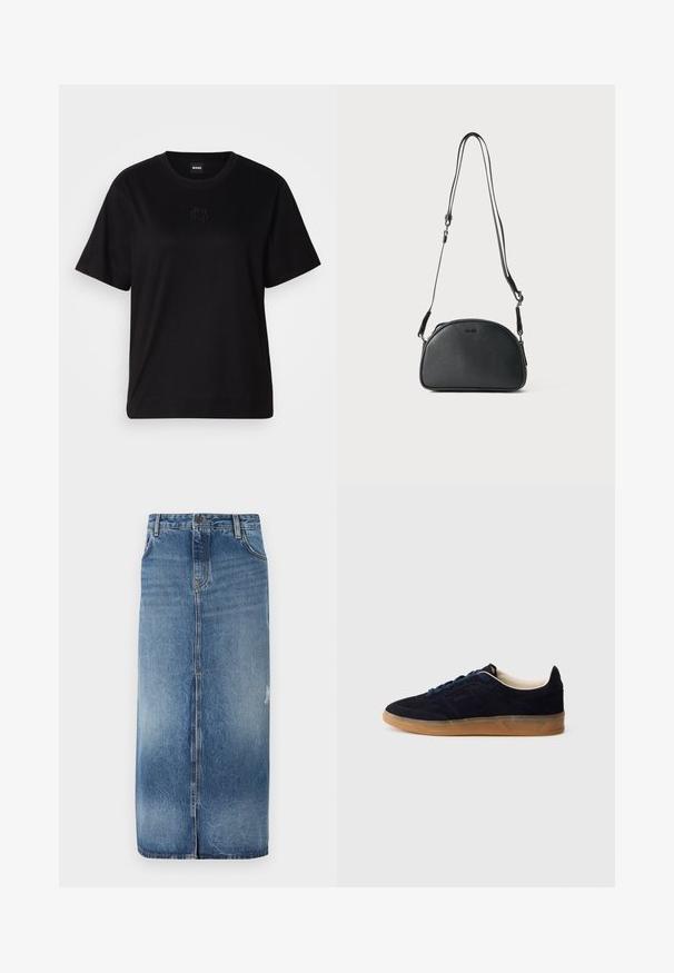 Black cotton t-shirt with a crew neckline, short sleeves, and an embroidered logo on the chest. Simple, relaxed fit with no patterns.; Denim midi skirt featuring a light to dark blue gradient, front closure, and subtle distressed details near the hem. Raw edge at the bottom.; Navy suede sneaker with a gum rubber sole, blue laces, and minimalist design. Features embossed logo on the side and smooth inner lining.; Black leather crossbody bag with a rounded shape, two adjustable straps, and a subtle logo on the front. Textured exterior, minimalistic design.