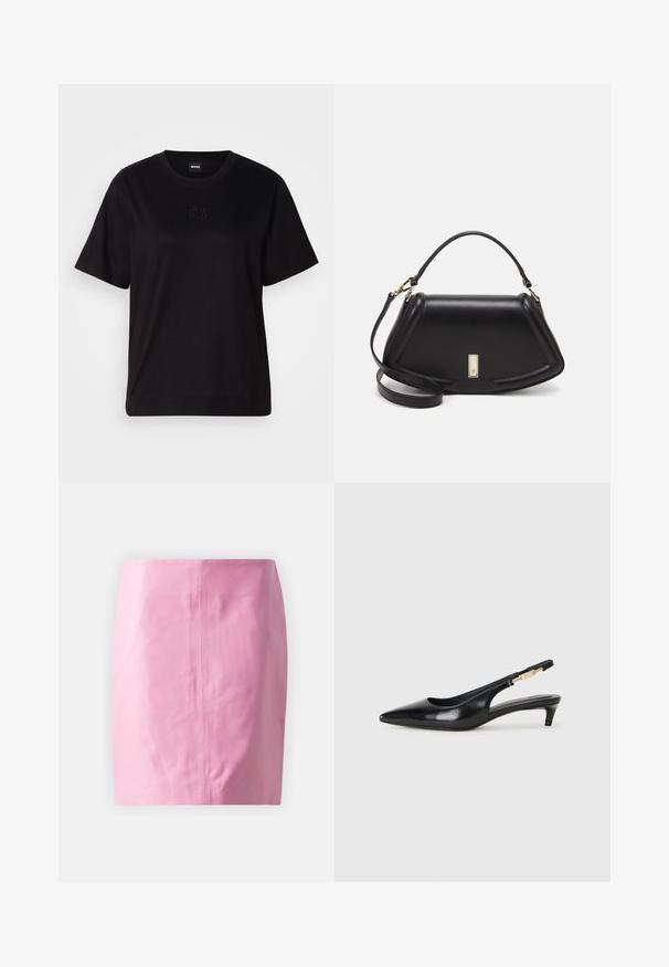Zwarte katoenen t-shirt met een ronde hals, korte mouwen en een geborduurd logo op de borst. Eenvoudige, comfortabele pasvorm zonder patronen.; Roze leren minirok met een gladde textuur, strakke lijnen en minimale details. Heeft een ingebouwde achternaad voor structuur.; Zwarte leren slingback hakken met een spitse neus, voorzien van een slanke hak en een goudkleurige accent op de verstelbare band. Gladde textuur.; Zwarte leren handtas met een gestructureerd ontwerp, featuring een verkorte vorm, bovenhandvat en gouden hardwareaccent. Inclusief verstelbare schouderband.