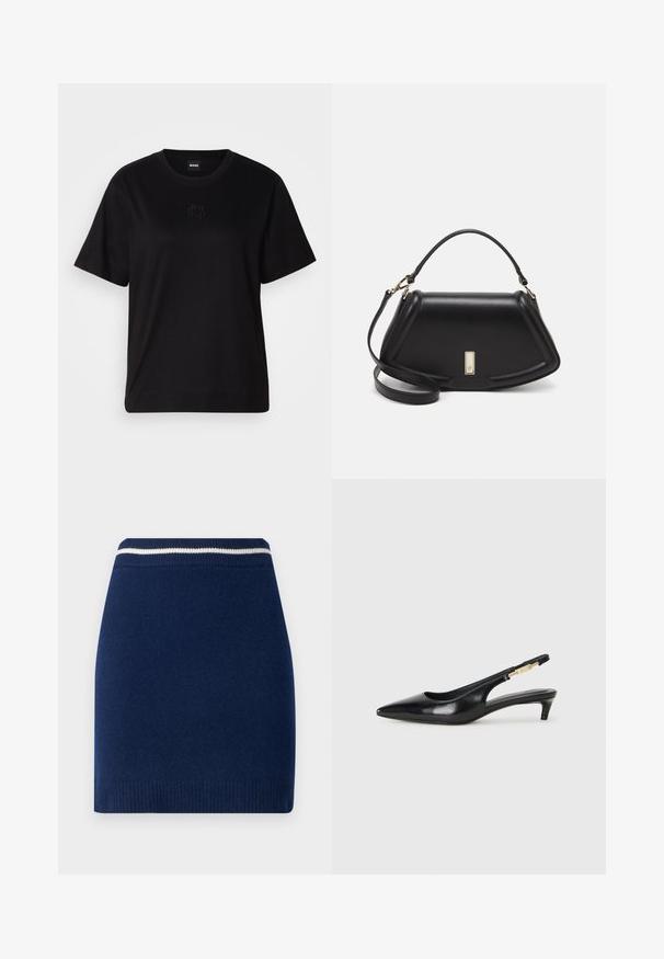 Svart bomull T-skjorte med rund hals, korte ermer og et brodert logo på brystet. Enkel, avslappet passform uten mønstre.; Marineblå strikket skjørt med en tettsittende design, som har en ribbet midjebånd med en kontrasterende hvit stripe. Jevn tekstur, over knelengde.; Sorte lærreim hæler med spiss tå, som har en slank hæl og en gullfarget detalj på den justerbare stroppen. Glatt tekstur.; Sort lærveske med en strukturert design, som har en avkortet form, topphåndtak og detaljer i gull. Justerbar skulderstropp inkludert.