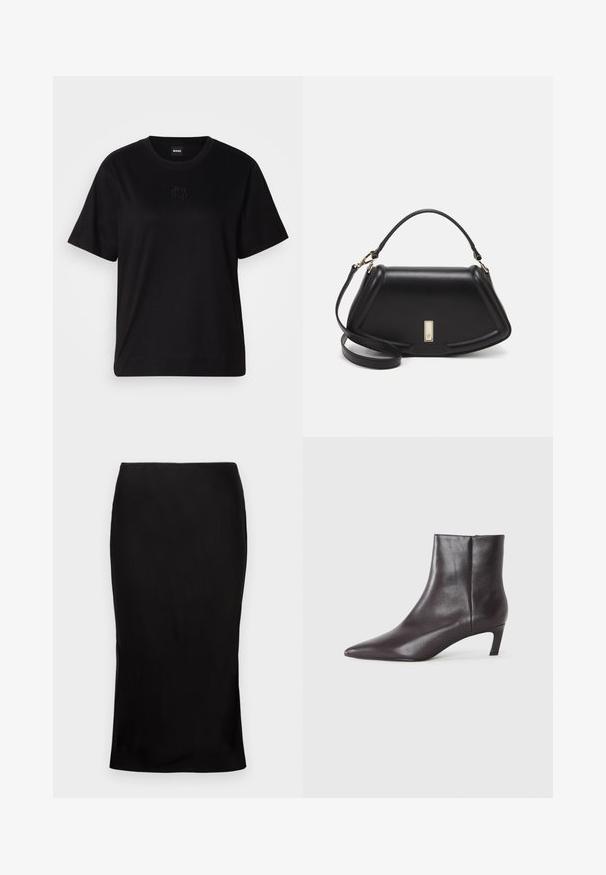 Czarny bawełniany t-shirt z okrągłym dekoltem, krótkimi rękawami i haftowanym logo na piersi. Prosty, luźny krój bez wzorów.; Czarna, dopasowana spódnica midi o gładkiej fakturze, z bocznym rozcięciem i klasycznym pasem. Została zaprojektowana z myślą o eleganckiej sylwetce.; Czarne skórzane botki za kostkę z ostrym noskiem i niskim obcasem typu kitten heel, gładkie wykończenie, z bocznym zamkiem, zaprezentowane na neutralnym tle.; Czarna skórzana torebka o strukturalnym designie, z przyciętą formą, górnym uchwytem i złotymi akcentami. W zestawie regulowany pasek na ramię.