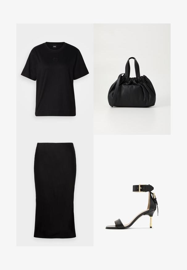 T-shirt en coton noir avec un col rond, des manches courtes et un logo brodé sur la poitrine. Coupe simple et décontractée sans motifs.; Jupe midi noire, cintrée, avec une texture lisse, détail de fente sur le côté et une taille classique. Conçue pour une silhouette élégante.; Sandale à talon en cuir noir avec un bout carré, une bride de cheville dotée d'une boucle en or et un talon métallique fin. Texture lisse, design minimaliste.; Sac à main en cuir noir avec un design à haut froncé, doté de deux poignées courtes et d'une bandoulière longue et réglable. Texture lisse, forme arrondie.