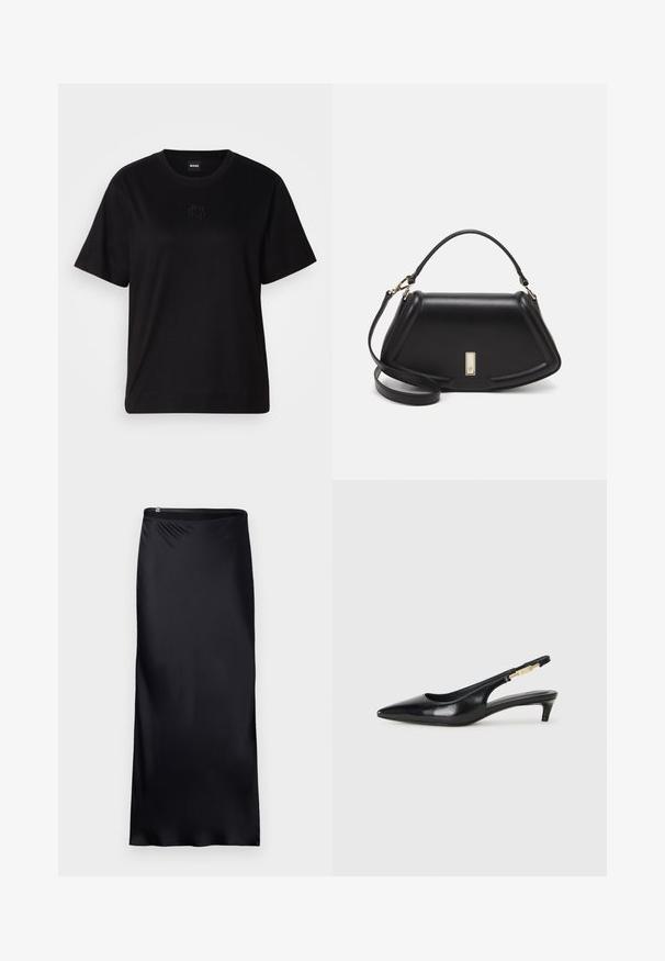 T-shirt en coton noir avec un col rond, des manches courtes et un logo brodé sur la poitrine. Coupe simple et décontractée sans motifs.; Jupe noire, longue jusqu'au sol, fabriquée à partir d'un tissu lisse et léger. Présente un design simple avec une taille sans couture et un détail de fermeture éclair.; Talons hauts en cuir noir avec un bout pointu, dotés d'un talon fin et d'un accent en ton or sur la lanière réglable. Texture lisse.; Sac à main en cuir noir avec un design structuré, featuring une forme cropped, une poignée supérieure et des accents en matériel doré. Bandoulière réglable incluse.