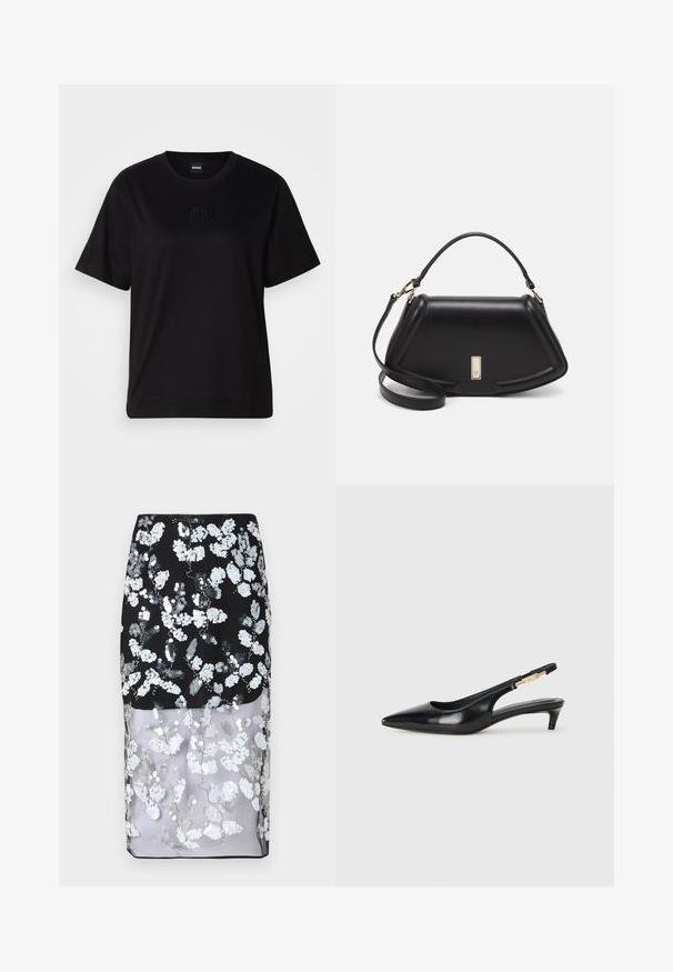 T-shirt negru din bumbac, cu guler rotund, mâneci scurte și un logo brodat pe piept. Design simplu, cu o croială relaxată și fără modele.; Cras SKIRT - Fustă tip creion - black; Sandale slingback din piele neagră cu vârf ascuțit, având un toc subțire și un accent de culoare aurie pe curea ajustabilă. Textură netedă.; Geantă de umăr din piele neagră, cu un design structurat, având o formă tăiată, mânere superioare și accente din aur. Include o curea de umăr ajustabilă.