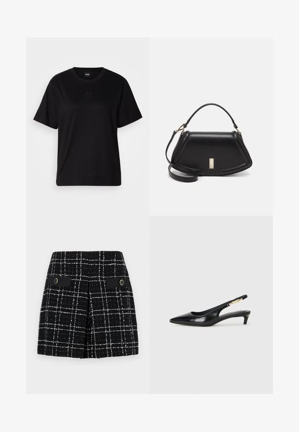 Black cotton t-shirt with a crew neckline, short sleeves, and an embroidered logo on the chest. Simple, relaxed fit with no patterns.; Black and white plaid skirt made of textured fabric, featuring two front pockets with black accents and circular gold hardware.; Black leather slingback heels with a pointed toe, featuring a slim heel and a gold-tone accent on the adjustable strap. Smooth texture.; Black leather handbag with a structured design, featuring a cropped shape, top handle, and gold hardware accent. Adjustable shoulder strap included.