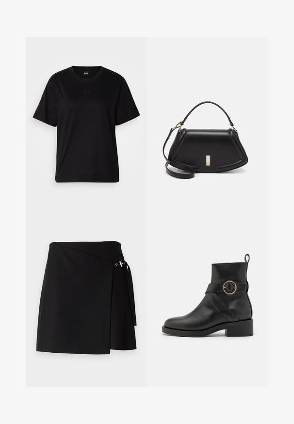 T-shirt en coton noir avec un col rond, des manches courtes et un logo brodé sur la poitrine. Coupe simple et décontractée sans motifs.; Jupe portefeuille noire en tissu texturé avec un détail de boucle sur le côté et une longue attache. Présente une coupe droite et des lignes épurées.; BOSS IRYNA BOOTIE - Bottines à plateau - black; Sac à main en cuir noir avec un design structuré, featuring une forme cropped, une poignée supérieure et des accents en matériel doré. Bandoulière réglable incluse.