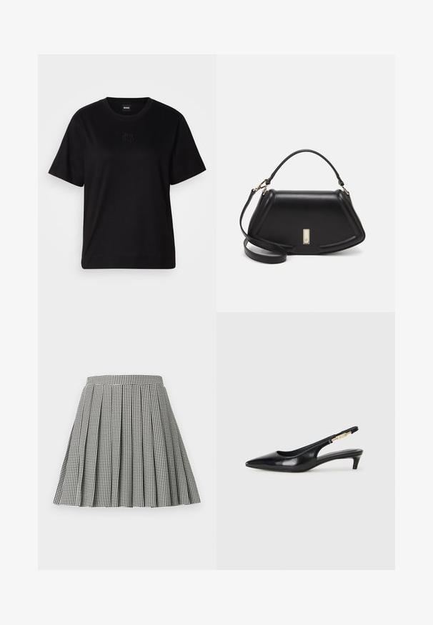Black cotton t-shirt with a crew neckline, short sleeves, and an embroidered logo on the chest. Simple, relaxed fit with no patterns.; Black and white houndstooth pleated skirt with a fitted waistband and a flared silhouette, made from a lightweight fabric.; Black leather slingback heels with a pointed toe, featuring a slim heel and a gold-tone accent on the adjustable strap. Smooth texture.; Black leather handbag with a structured design, featuring a cropped shape, top handle, and gold hardware accent. Adjustable shoulder strap included.