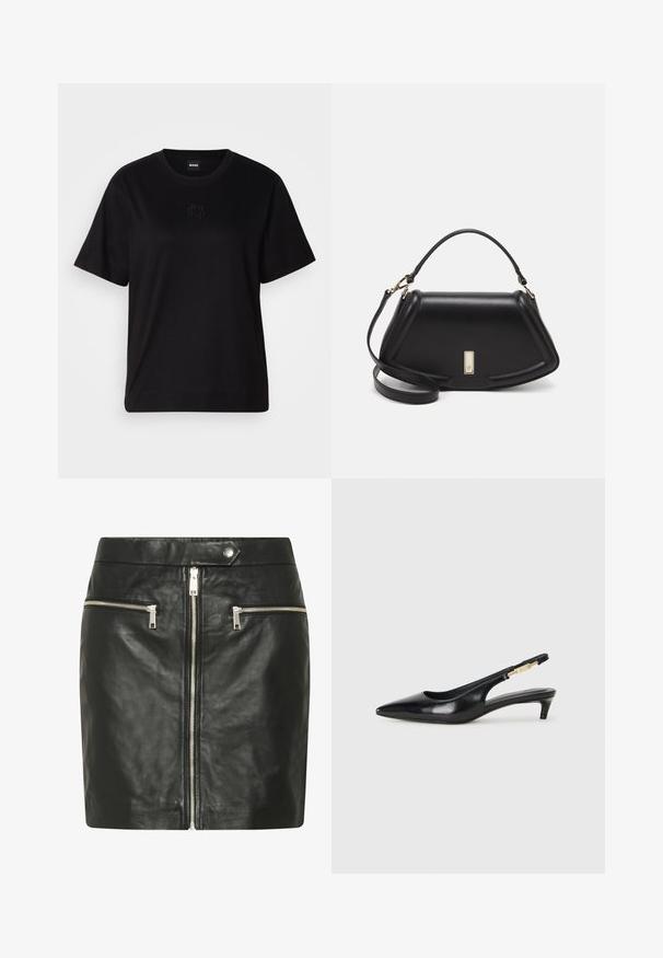 Μαύρο βαμβακερό μπλουζάκι με στρογγυλή λαιμόκοψη, κοντά μανίκια και κεντημένο λογότυπο στο στήθος. Απλή, χαλαρή γραμμή χωρίς σχέδια.; Μαύρη δερμάτινη φούστα με μπροστινό φερμουάρ και δύο τσέπες με φερμουάρ. Λείο υγρό με εφαρμοστή σχεδίαση και κούμπωμα με σνάπ στη μέση.; Μαύρες δερμάτινες γόβες slingback με μυτερή μύτη, διαθέτοντας λεπτό τακούνι και χρυσή λεπτομέρεια στην ρυθμιζόμενη λωρίδα. Λείος υφές.; Μαύρη δερμάτινη τσάντα με δομημένο σχέδιο, που διαθέτει κομμένο σχήμα, επάνω λαβή και χρυσά μεταλλικά στοιχεία. Περιλαμβάνει ρυθμιζόμενο λουρί ώμου.