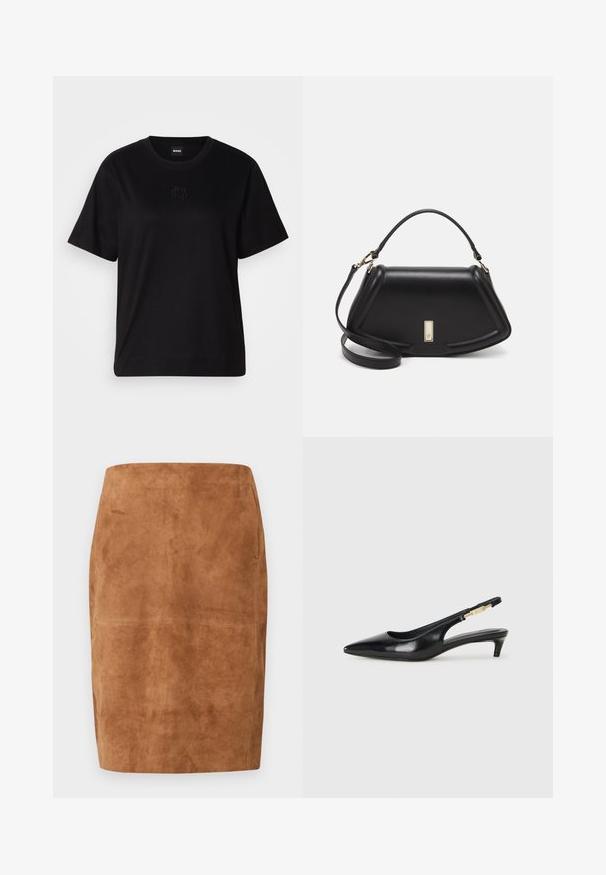 Camiseta de algodón negra con cuello redondo, mangas cortas y un logo bordado en el pecho. Ajuste simple y relajado sin patrones.; Falda lápiz de ante marrón con cintura alta y dobladillo a la altura de la rodilla, con detalles de costura sutiles.; Tacones negros de piel sintética tipo slingback con punta afilada, que cuentan con un tacón delgado y un detalle en tono dorado en la correa ajustable. Textura suave.; Bolso de mano de cuero negro con un diseño estructurado, que presenta una forma recortada, asa superior y acentos en dorado. Correa de hombro ajustable incluida.