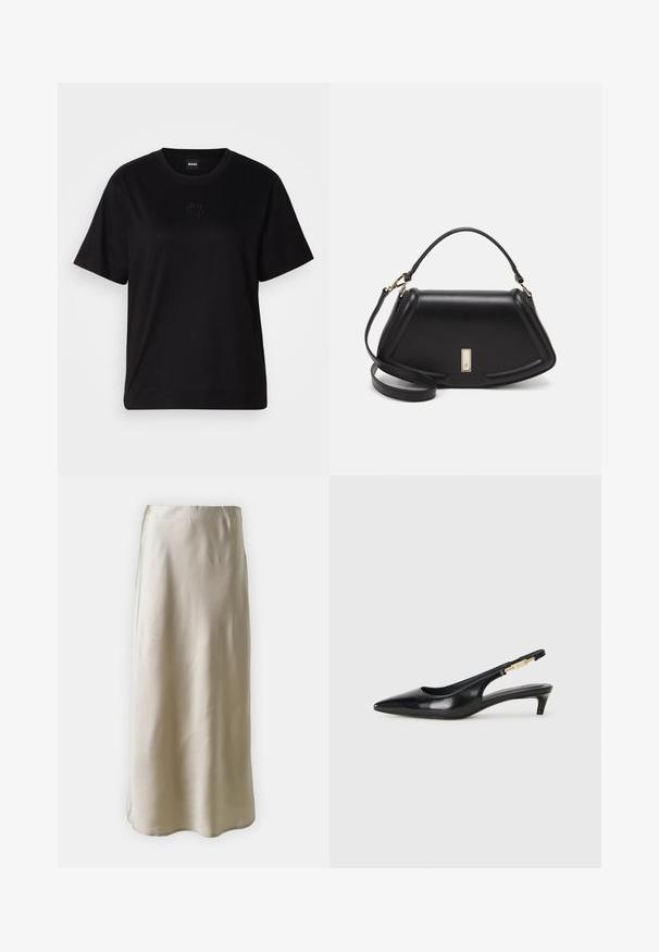 Black cotton t-shirt with a crew neckline, short sleeves, and an embroidered logo on the chest. Simple, relaxed fit with no patterns.; Silk maxi skirt in light beige, featuring a smooth texture, clean lines, and a simple silhouette with a slightly flared hem.; Black leather slingback heels with a pointed toe, featuring a slim heel and a gold-tone accent on the adjustable strap. Smooth texture.; Black leather handbag with a structured design, featuring a cropped shape, top handle, and gold hardware accent. Adjustable shoulder strap included.