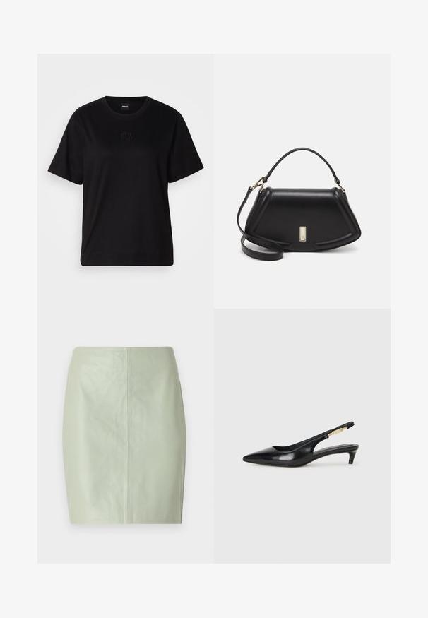 Camiseta de algodón negra con cuello redondo, mangas cortas y un logo bordado en el pecho. Ajuste simple y relajado sin patrones.; Falda mini de cuero verde menta con una textura suave, diseño ajustado y una costura central que recorre verticalmente la parte posterior.; Tacones negros de piel sintética tipo slingback con punta afilada, que cuentan con un tacón delgado y un detalle en tono dorado en la correa ajustable. Textura suave.; Bolso de mano de cuero negro con un diseño estructurado, que presenta una forma recortada, asa superior y acentos en dorado. Correa de hombro ajustable incluida.