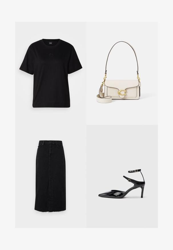 Čierne bavlnené tričko s okrúhlym výstrihom, krátkymi rukávmi a vyšívaným logom na hrudi. Jednoduchý, voľný strih bez vzorov.; Čierna denimová midi sukňa so rovnými líniami, predným rozparkom a rozstrapkaným lemom. Má gombíkový zapínací systém a dve bočné vrecká.; Čierne lakované lodičky s ostrou špicou, nastaviteľnými členkovými popruhmi a štíhlým podpätkom. Hladký povrch s lesklým finišom.; Krémová kožená kabelka so štruktúrovaným dizajnom, kontrastnými čiernymi okrajmi, zlatým kovaním a odnímateľným popruhom s podpisovým logom.