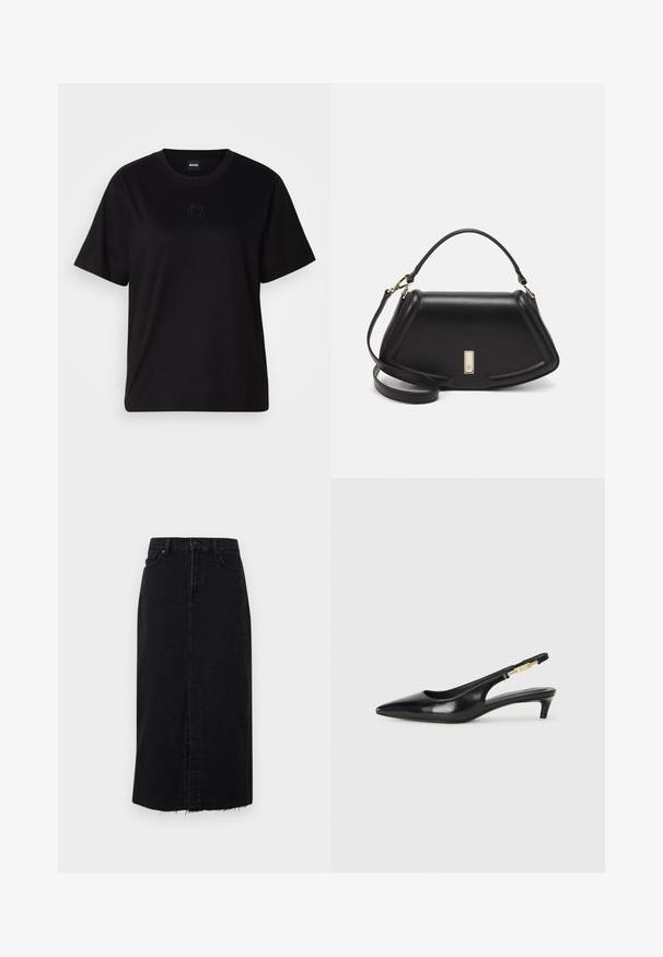 Svart bomull T-skjorte med rund hals, korte ermer og et brodert logo på brystet. Enkel, avslappet passform uten mønstre.; Svart denim midi-skjørt med rett snitt, frontslitt og frynsete nederkant. Har knappeåpning og to sidelommer.; Sorte lærreim hæler med spiss tå, som har en slank hæl og en gullfarget detalj på den justerbare stroppen. Glatt tekstur.; Sort lærveske med en strukturert design, som har en avkortet form, topphåndtak og detaljer i gull. Justerbar skulderstropp inkludert.