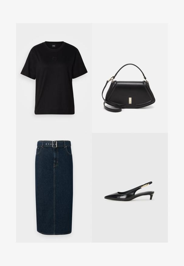 Schwarzes Baumwoll-T-Shirt mit Rundhalsausschnitt, kurzen Ärmeln und aufgesticktem Logo auf der Brust. Einfacher, lässiger Schnitt ohne Muster.; Dunkelblaßer Denim-Midirock mit geradem Schnitt, ausgestattet mit einem Schnallen-Gürtel, silberner Hardware und kontrastierenden Nähten entlang der Säume.; Schwarze Leder-Slingback-Pumps mit spitzem Schuhblatt, ausgestattet mit einem schlanken Absatz und einem goldfarbigen Akzent am verstellbaren Riemen. Glatte Textur.; Schwarze Lederhandtasche mit einem strukturierten Design, das eine verkürzte Form, einen oberen Griff und goldfarbene Hardware-Details aufweist. Verstellbarer Schulterriemen ist enthalten.
