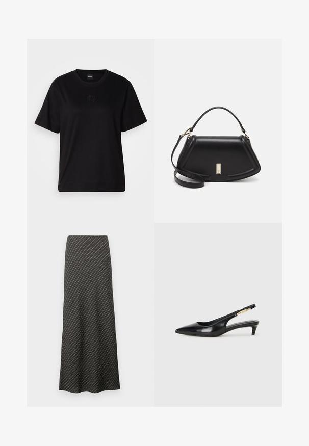 Zwarte katoenen t-shirt met een ronde hals, korte mouwen en een geborduurd logo op de borst. Eenvoudige, comfortabele pasvorm zonder patronen.; Zwarte midi-rok met diagonale witte strepen, gemaakt van een gladde stof. Heeft een uitgewaaierde stijl en een A-lijn silhouette.; Zwarte leren slingback hakken met een spitse neus, voorzien van een slanke hak en een goudkleurige accent op de verstelbare band. Gladde textuur.; Zwarte leren handtas met een gestructureerd ontwerp, featuring een verkorte vorm, bovenhandvat en gouden hardwareaccent. Inclusief verstelbare schouderband.