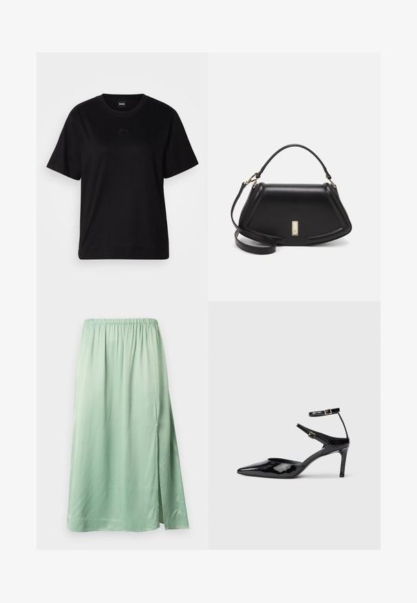 Svart bomull T-skjorte med rund hals, korte ermer og et brodert logo på brystet. Enkel, avslappet passform uten mønstre.; Lys grønn midiskjørt laget av glatt stoff, med elastisk linning og en sidesplitt for ekstra bevegelse.; Sorte lakkede hæle med spids tå, justerbare ankelstropper og en slank hæl. Glat tekstur med en skinnende overflade.; Sort lærveske med en strukturert design, som har en avkortet form, topphåndtak og detaljer i gull. Justerbar skulderstropp inkludert.
