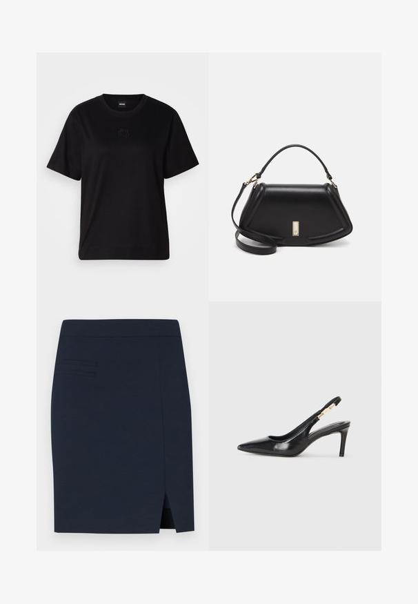 Black cotton t-shirt with a crew neckline, short sleeves, and an embroidered logo on the chest. Simple, relaxed fit with no patterns.; Navy blue fitted skirt made of a smooth fabric, featuring a back slit and three horizontal stitching details on the front pocket area.; Black leather slingback high-heeled shoe with a pointed toe, smooth texture, and a narrow ankle strap featuring gold hardware accents.; Black leather handbag with a structured design, featuring a cropped shape, top handle, and gold hardware accent. Adjustable shoulder strap included.