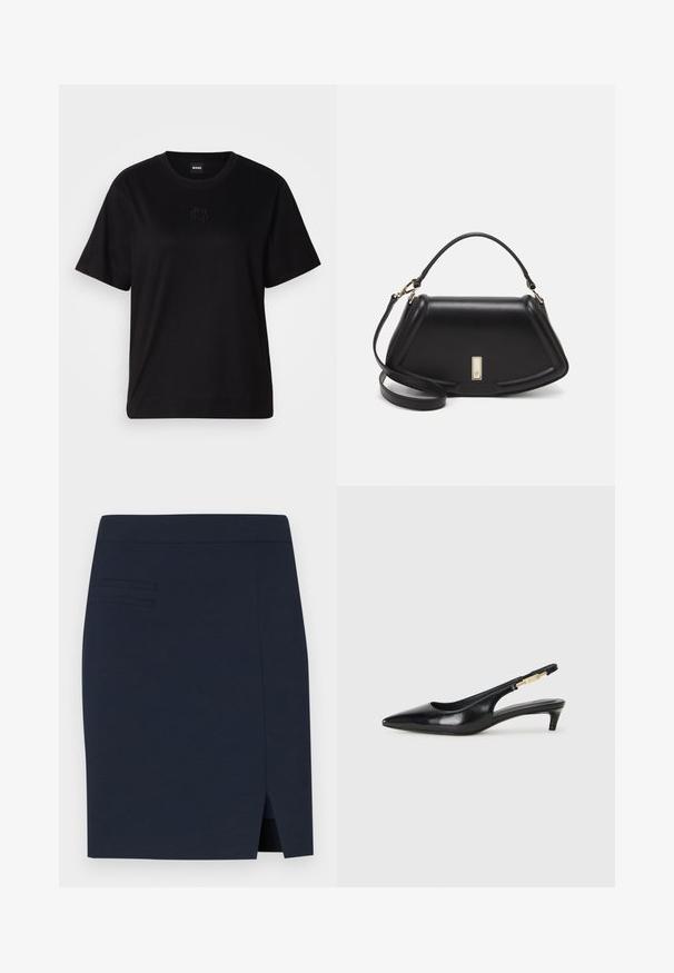Črna bombažna majica s krožnim izrezom, kratkimi rokavi in izvezenim logotipom na prsih. Preprosta, sproščena silhueta brez vzorcev.; Temno modra prilegajoča krila iz gladkega materiala, z zadnjim razporkom in tremi horizontalnimi šivi na prednjem žepu.; Črne usnjene sandale na peto z ostro konico, ki imajo tanko peto in zlat ton na nastavljivem traku. Gladka tekstura.; Črna usnjena torbica s strukturnim dizajnom, ki ima skrajšano obliko, zgornji ročaj in zlate dodatke. Vključena je nastavljiva ramenska naramnica.