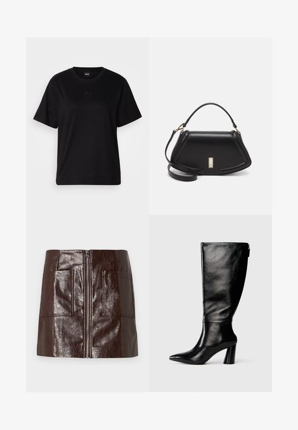 Sort bomulds t-shirt med rund halsudskæring, korte ærmer og et broderet logo på brystet. Enkel, afslappet pasform uden mønstre.; Brun faux læder mini-skjørt med en frontlynlås, to store forlommer og en glat, blank overflade.; Knee-high sorte læderstøvle med spids tå, glat tekstur og en kraftig hæl. Har en lynlåsdetaile bagpå.; Sort læderhåndtaske med en struktureret design, der har en kortet form, tophåndtag og guld hardware-accenter. Justerbar skulderrem inkluderet.