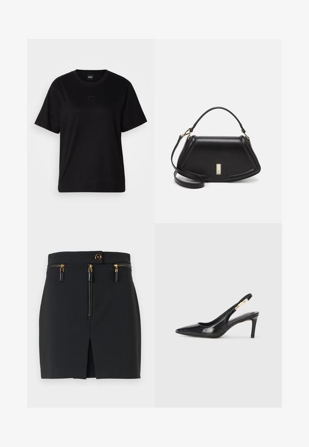 Fekete pamut póló kerek nyakkivágással, rövid ujjakkal és hímzett logóval a mellkasán. Egyszerű, laza szabás, minta nélkül.; Fekete mini szoknya strukturált szabással, arany hardware-rel, két cipzáras zsebbel és elülső hasítékkal a további részletekért.; Fekete bőr, slingback magas sarkú cipő, hegyes orral, sima textúrával és keskeny bokapánttal, arany fémrészletekkel.; Fekete bőr kézitáska, strukturált dizájnnal, rövidített formával, felső fogantyúval és arany színű kiegészítőkkel. Állítható vállpánt is tartozik hozzá.