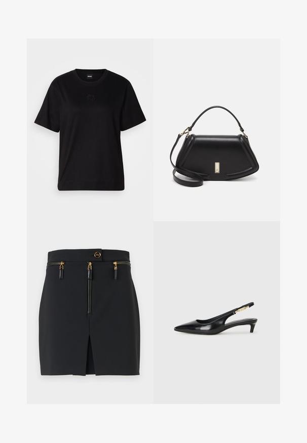 Black cotton t-shirt with a crew neckline, short sleeves, and an embroidered logo on the chest. Simple, relaxed fit with no patterns.; Black mini skirt with a structured fit, featuring gold hardware, two zippered pockets, and a front slit for added detail.; Black leather slingback heels with a pointed toe, featuring a slim heel and a gold-tone accent on the adjustable strap. Smooth texture.; Black leather handbag with a structured design, featuring a cropped shape, top handle, and gold hardware accent. Adjustable shoulder strap included.