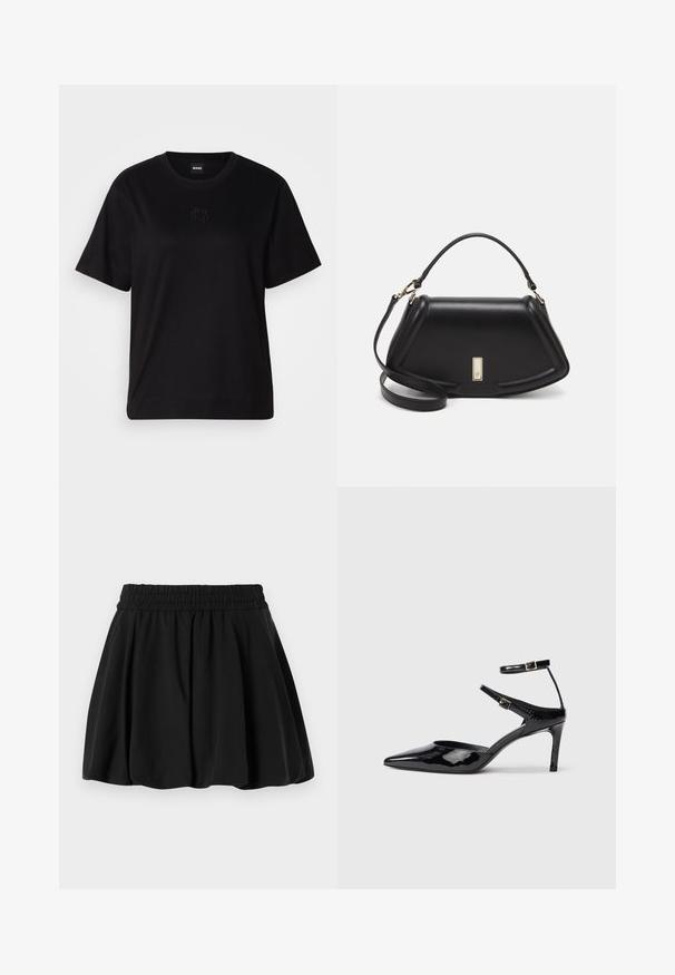Maglietta in cotone nera con scollatura tonda, maniche corte e logo ricamato sul petto. Design semplice e vestibilità rilassata senza motivi.; Gonna nera con una vita arricciata, design svasato e tessuto morbido. Tessuto liscio senza motivi visibili o dettagli hardware.; Décolleté in pelle eco-patent nera con punta affilata, cinturini alla caviglia regolabili e tacco sottile. Texture liscia con una finitura lucida.; Borsa a mano in pelle nera con un design strutturato, caratterizzata da una forma corta, manico superiore e accessori in metallo dorato. Inclusa tracolla regolabile.