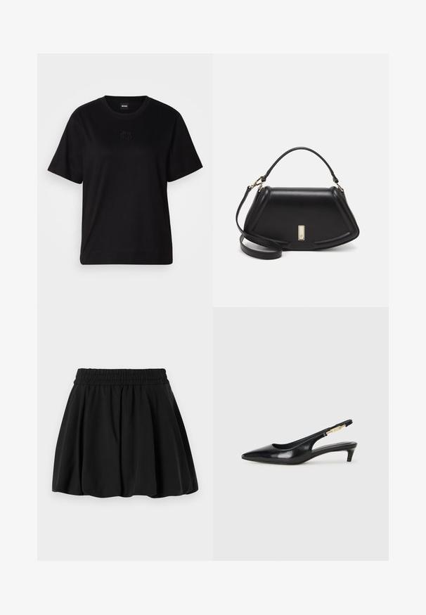 Musta puuvillapaita, jossa on pyöreä kaula-aukko, lyhyet hihat ja brodeerattu logo rinnassa. Yksinkertainen, rento istuvuus ilman kuvioita.; Mustapaita, jossa on kootut vyötärö ja laakea muotoilu, pehmeä rakenne. Tasainen kangas, jossa ei ole näkyviä kuvioita tai varusteita.; Mustat nahkaiset slingback-korkokengät, joissa on terävä kärki, ohuet korot ja kultasävytteinen yksityiskohta säädettävässä hihnassa. Silkkinen pinta.; Mustalla nahkalaukulla, jossa on jämäkkä muotoilu, lyhyt malli, yläkahva ja kultaiset yksityiskohdat. Säädettävä olkahihna sisältyy.