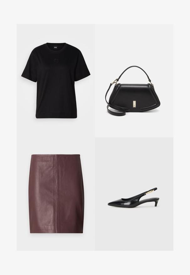 Musta puuvillapaita, jossa on pyöreä kaula-aukko, lyhyet hihat ja brodeerattu logo rinnassa. Yksinkertainen, rento istuvuus ilman kuvioita.; Tummanruskea nahkapipieröyhyt, jossa on suora, sileä etupuoli ja hienovaraiset pystysaumat keskellä.; Mustat nahkaiset slingback-korkokengät, joissa on terävä kärki, ohuet korot ja kultasävytteinen yksityiskohta säädettävässä hihnassa. Silkkinen pinta.; Mustalla nahkalaukulla, jossa on jämäkkä muotoilu, lyhyt malli, yläkahva ja kultaiset yksityiskohdat. Säädettävä olkahihna sisältyy.