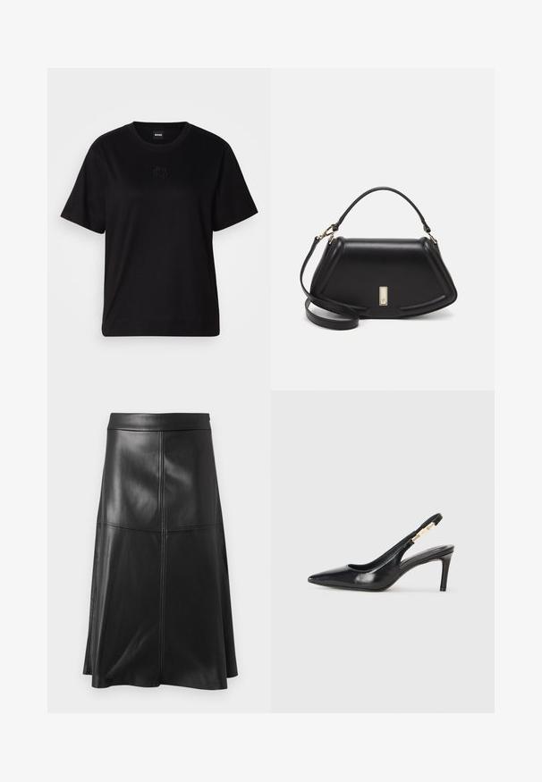 Juodas medvilninis marškinėliai su apvalia iškirpte, trumpomis rankovėmis ir siuvinėjimu ant krūtinės. Paprastas, laisvas siluetas be raštų.; Juoda odinė A formos sijonas su lygia tekstūra, su vertikaliomis siūlėmis ir juosmeniu. Pakraštis nukrenta šiek tiek žemiau kelio.; Juodos odinės slingback aukštakulniai batai su smailiu pirštu, lygiu paviršiumi ir siaura kulkšnies juosta su auksiniais akcentais.; Juoda odinė rankinė su struktūrizuotu dizainu, turi trumpą formą, viršutinę rankeną ir auksinius akcentus. Pridėtas reguliuojamas peties diržas.