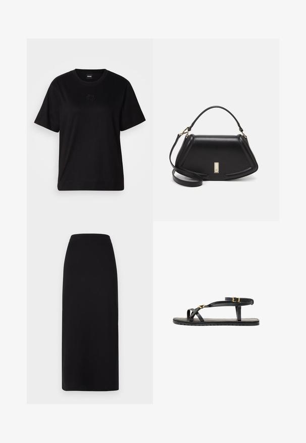 Melna kokvilnas T-krekls ar apaļu izgriezumu, īsām piedurknēm un izšūtu logotipu uz krūtīm. Vienkāršs, brīvs piegriezums bez rakstiem.; Melnas, potīšu garuma svārki ar pieguļošu jostas daļu. Izgatavoti no mīksta, stiepjama auduma, ar gludu tekstūru un bez redzamām rotājumiem.; Melni ādas sandales ar plāniem siksniņām un ar sprādzi regulējamu potīšu siksnu. Plakans zole ar teksturētu virsmu un zigzaga malu. Minimalistisks dizains.; Melnas ādas roku soma ar struktūru, ar īsu formu, augšējo rokturi un zelta aksesuāriem. Iekļauta regulējama plecu siksna.