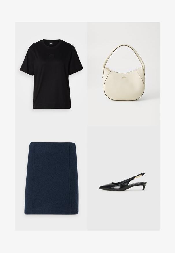 Černé bavlněné tričko s kulatým výstřihem, krátkými rukávy a vyšitým logem na hrudi. Jednoduchý, volný střih bez vzorů.; Námořnická vlna mini sukně se rovnými liniemi, plochými švy a hladkou texturou. Bez viditelných vzorů nebo ozdob.; Černé kožené boty na podpatku s otevřenou patou a špičatou špičkou, s tenkým podpatkem a zlatým akcentem na nastavitelném pásku. Hladký povrch.; Kabelka krémové barvy s texturovaným povrchem, zakřiveným tvarem, krátkým uchopením a zlatým logem. Zapínání na zip na vrchu.