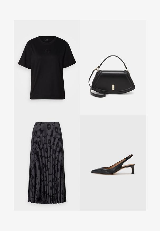 Black cotton t-shirt with a crew neckline, short sleeves, and an embroidered logo on the chest. Simple, relaxed fit with no patterns.; Black pleated skirt with a floral pattern, made from lightweight fabric; features vertical stripes and an elastic waistband.; Black leather slingback pump with a pointed toe, low heel, and a smooth texture. Features a thin adjustable strap for a secure fit.; Black leather handbag with a structured design, featuring a cropped shape, top handle, and gold hardware accent. Adjustable shoulder strap included.