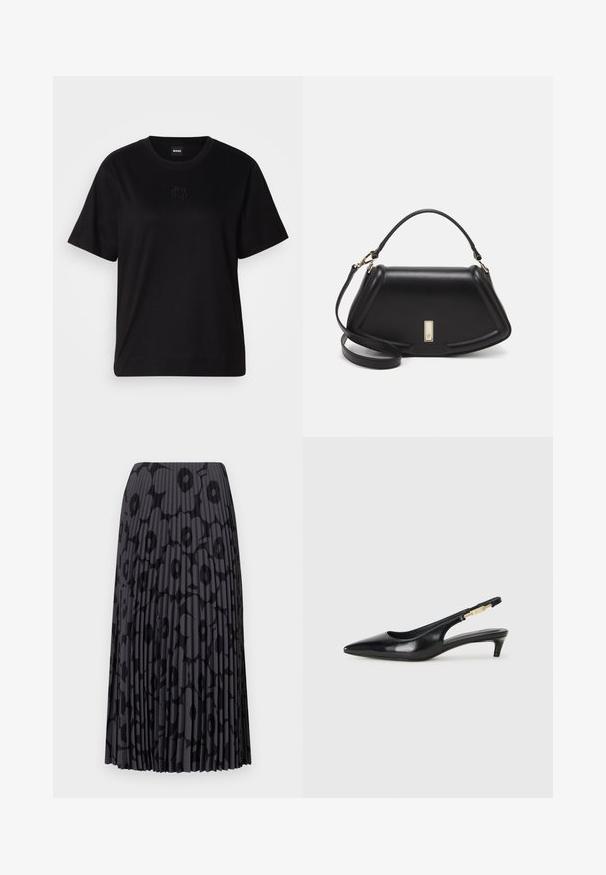 Melna kokvilnas T-krekls ar apaļu izgriezumu, īsām piedurknēm un izšūtu logotipu uz krūtīm. Vienkāršs, brīvs piegriezums bez rakstiem.; Melnā plisētā svārku svārki ar ziedu rakstu, izgatavoti no viegla auduma; ar vertikālām svītrām un elastīgu jostu.; Melnas ādas slingback zābaki ar smailu purngalu, ar šauru papēdi un zelta krāsas akcentu uz regulējama siksniņas. Gluda tekstūra.; Melnas ādas roku soma ar struktūru, ar īsu formu, augšējo rokturi un zelta aksesuāriem. Iekļauta regulējama plecu siksna.