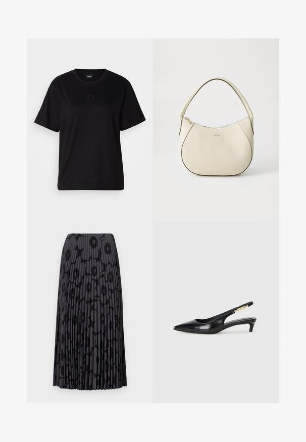 Mustmust särk, millel on ümar kaelus, lühikesed varrukad ja tindiga tikitud logo rinnal. Lihtne, mugav lõige ilma mustriteta.; Must mustriga seelik lillemustriga, valmistatud kergest kangast; omab püstiseid riba ja elastset vööd.; Mustad nahast slingback kontsad terava ninaga, millel on õhuke konts ja kuldse tooni aktsent reguleeritaval rihmal. Sile tekstuur.; Kreemivärvi käsipott, millel on tekstureeritud viimistlus, kumer kuju, lühike käepide ja kuldse tooniga logo detail. Ülemine lukustus.