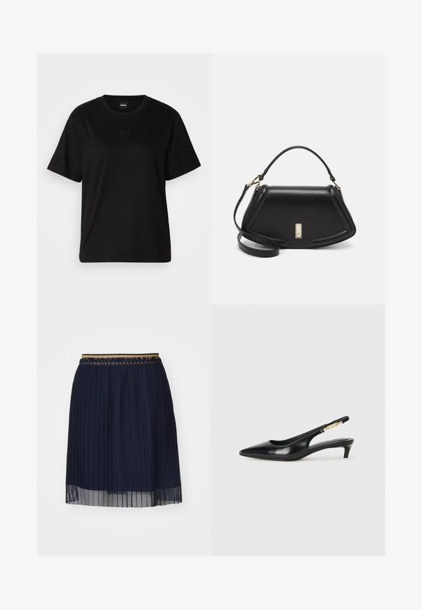 Svart bomull T-skjorte med rund hals, korte ermer og et brodert logo på brystet. Enkel, avslappet passform uten mønstre.; Marineblå plissert skjørt laget av et teksturert mesh-stoff, med en kontrastfarge på linningen og en transparent nederkant.; Sorte lærreim hæler med spiss tå, som har en slank hæl og en gullfarget detalj på den justerbare stroppen. Glatt tekstur.; Sort lærveske med en strukturert design, som har en avkortet form, topphåndtak og detaljer i gull. Justerbar skulderstropp inkludert.