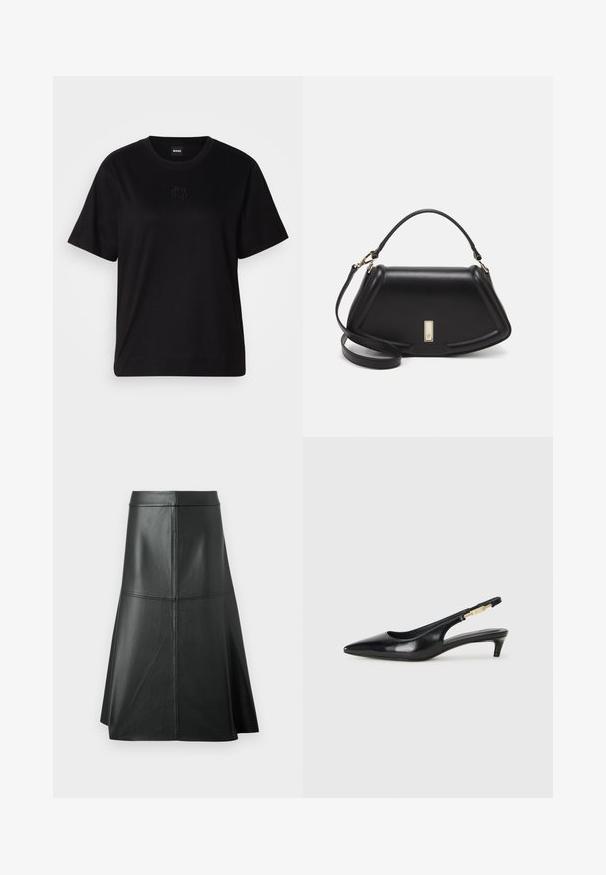 Musta puuvillapaita, jossa on pyöreä kaula-aukko, lyhyet hihat ja brodeerattu logo rinnassa. Yksinkertainen, rento istuvuus ilman kuvioita.; Mustat nahkainen A-linjainen hame, sileä pinta, keskipitkä pituus, jossa on vaakasuora saumuristys yksityiskohtana vyötäröllä ja saumoissa rakenteen lisäämiseksi.; Mustat nahkaiset slingback-korkokengät, joissa on terävä kärki, ohuet korot ja kultasävytteinen yksityiskohta säädettävässä hihnassa. Silkkinen pinta.; Mustalla nahkalaukulla, jossa on jämäkkä muotoilu, lyhyt malli, yläkahva ja kultaiset yksityiskohdat. Säädettävä olkahihna sisältyy.