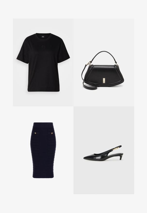 Schwarzes Baumwoll-T-Shirt mit Rundhalsausschnitt, kurzen Ärmeln und aufgesticktem Logo auf der Brust. Einfacher, lässiger Schnitt ohne Muster.; Marineblaue gerippte Midi-Rock mit hohem Bund, ausgestattet mit zwei frontalen Taschen und goldfarbenen Knöpfen als Akzenten, hergestellt aus einem strukturierten Stoff.; Schwarze Leder-Slingback-Pumps mit spitzem Schuhblatt, ausgestattet mit einem schlanken Absatz und einem goldfarbigen Akzent am verstellbaren Riemen. Glatte Textur.; Schwarze Lederhandtasche mit einem strukturierten Design, das eine verkürzte Form, einen oberen Griff und goldfarbene Hardware-Details aufweist. Verstellbarer Schulterriemen ist enthalten.