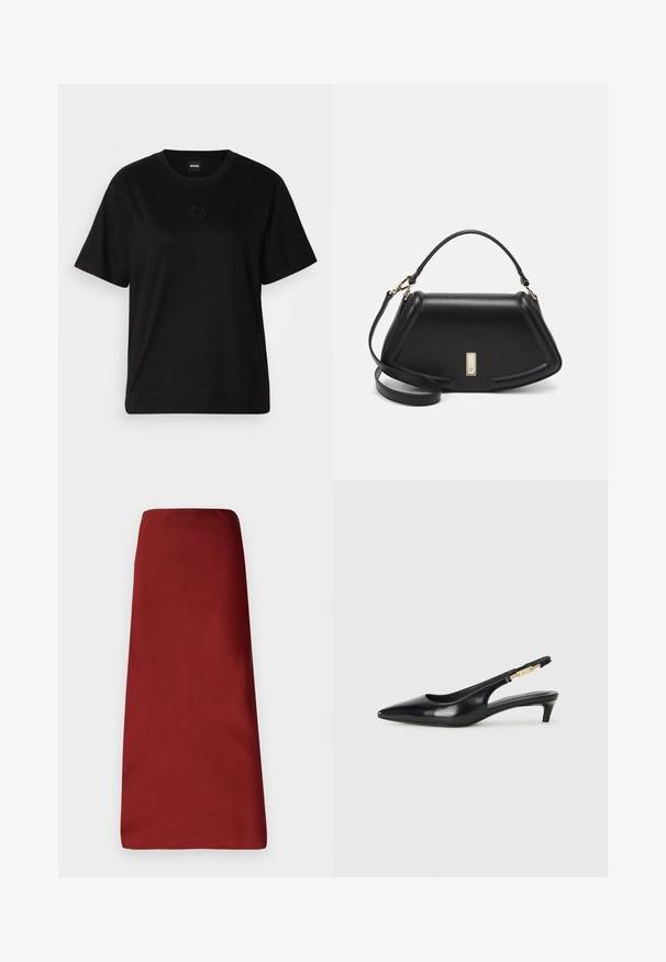 T-shirt en coton noir avec un col rond, des manches courtes et un logo brodé sur la poitrine. Coupe simple et décontractée sans motifs.; Jupe midi bourgogne avec une texture lisse, une silhouette droite, sans fermetures ni motifs visibles. La longueur atteint au-dessous des genoux.; Talons hauts en cuir noir avec un bout pointu, dotés d'un talon fin et d'un accent en ton or sur la lanière réglable. Texture lisse.; Sac à main en cuir noir avec un design structuré, featuring une forme cropped, une poignée supérieure et des accents en matériel doré. Bandoulière réglable incluse.