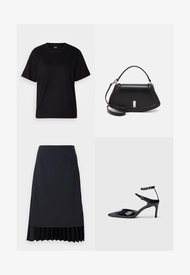 Schwarzes Baumwoll-T-Shirt mit Rundhalsausschnitt, kurzen Ärmeln und aufgesticktem Logo auf der Brust. Einfacher, lässiger Schnitt ohne Muster.; Schwarzer Bleistiftrock mit gefaltetem Saum, tailliertem Schnitt und glatter Textur. Verfügt über einen versteckten seitlichen Reißverschluss und minimalistische Details.; Schwarze Lacklederabsätze mit spitzer Zehenpartie, verstellbaren Knöchelriemen und einem schlanken Absatz. Glatte Textur mit glänzender Oberfläche.; Schwarze Lederhandtasche mit einem strukturierten Design, das eine verkürzte Form, einen oberen Griff und goldfarbene Hardware-Details aufweist. Verstellbarer Schulterriemen ist enthalten.