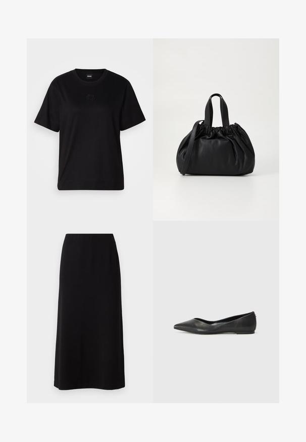 Camiseta de algodón negra con cuello redondo, mangas cortas y un logo bordado en el pecho. Ajuste simple y relajado sin patrones.; Falda maxi negra con una textura suave y lisa y una cinturilla elástica. Corte simple y recto sin patrones o embellecimientos visibles.; Bailarina de cuero negro con puntera afilada, tacón bajo y textura suave. Diseño minimalista con un sutil acento lateral.; Bolso de mano de cuero negro con un diseño de parte superior fruncida, que cuenta con dos asas cortas y una correa larga ajustable. Textura suave, forma redondeada.
