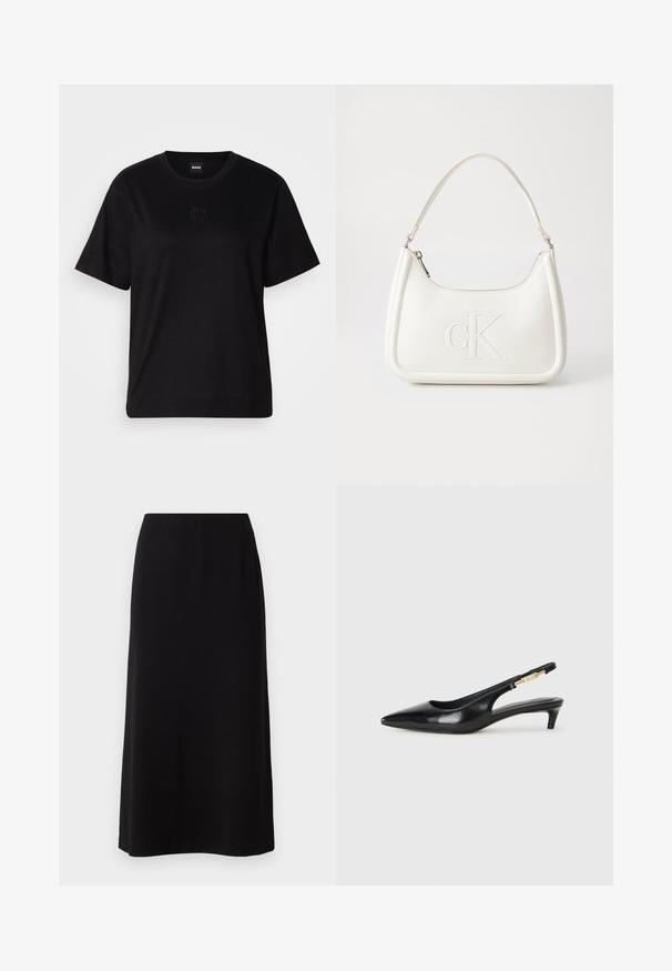 Schwarzes Baumwoll-T-Shirt mit Rundhalsausschnitt, kurzen Ärmeln und aufgesticktem Logo auf der Brust. Einfacher, lässiger Schnitt ohne Muster.; Schwarzer Maxirock mit einer glatten, weichen Textur und einem elastischen Bund. Einfacher, gerader Schnitt ohne sichtbare Muster oder Verzierungen.; Schwarze Leder-Slingback-Pumps mit spitzem Schuhblatt, ausgestattet mit einem schlanken Absatz und einem goldfarbigen Akzent am verstellbaren Riemen. Glatte Textur.; Weiße Lederhandtasche mit abgerundeter Form, ausgestattet mit einem geprägten "CK"-Logo auf der Vorderseite und einem Einzel-Schultergurt. Reißverschluss oben.