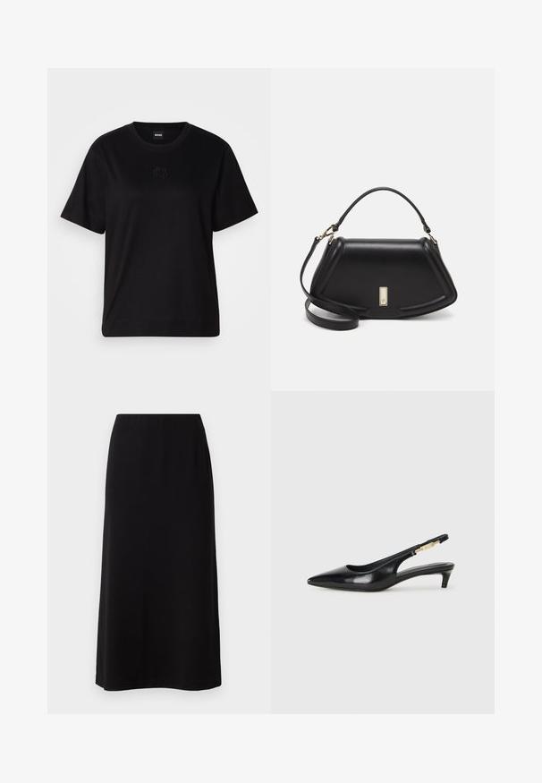 Black cotton t-shirt with a crew neckline, short sleeves, and an embroidered logo on the chest. Simple, relaxed fit with no patterns.; Black maxi skirt with a smooth, soft texture and an elastic waistband. Simple, straight cut with no visible patterns or embellishments.; Black leather slingback heels with a pointed toe, featuring a slim heel and a gold-tone accent on the adjustable strap. Smooth texture.; Black leather handbag with a structured design, featuring a cropped shape, top handle, and gold hardware accent. Adjustable shoulder strap included.